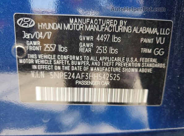 5NPE24AF3HH542525 2017 HYUNDAI SONATA Blue VIN კოდის სტიკერის ხედი