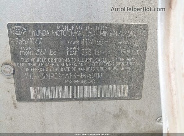 5NPE24AF3HH560118 2017 HYUNDAI SONATA Silver Vista del compartimento del motor