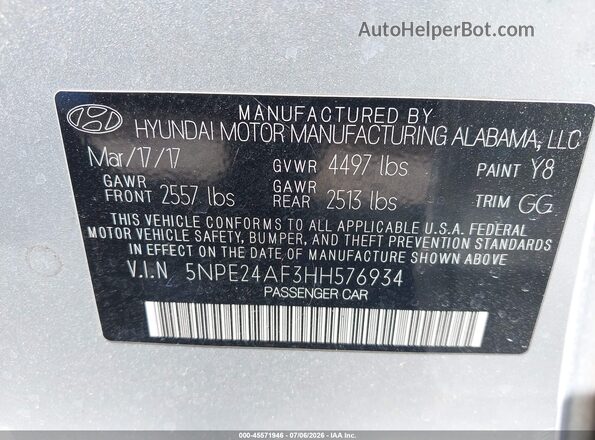 5NPE24AF3HH576934 2017 HYUNDAI SONATA Silver ძრავის განყოფილების ხედი