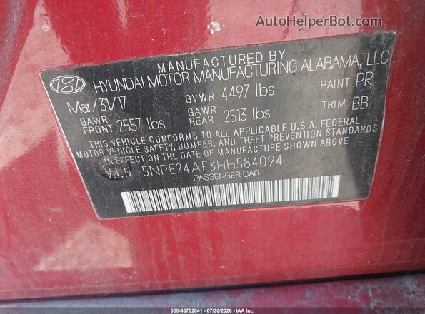 5NPE24AF3HH584094 2017 HYUNDAI SONATA Red Вид підкапотного простору
