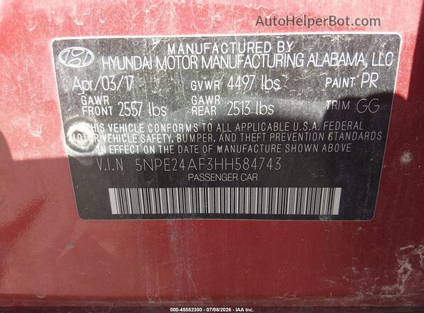 5NPE24AF3HH584743 2017 HYUNDAI SONATA Red Вид підкапотного простору