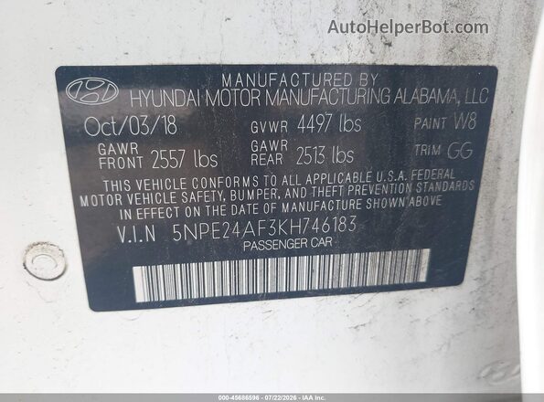 5NPE24AF3KH746183 2019 HYUNDAI SONATA Белый Вид подкапотного пространства