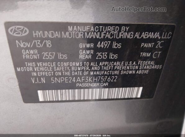 5NPE24AF3KH757622 2019 HYUNDAI SONATA Gray Vista del compartimento del motor
