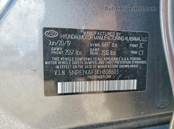 5NPE24AF3KH808603 2019 HYUNDAI SONATA Gray Շարժիչի բաժամունքի տեսք