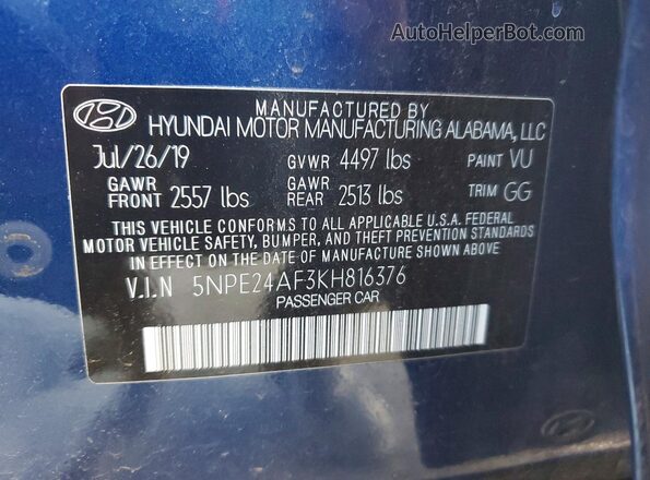 5NPE24AF3KH816376 2019 HYUNDAI SONATA Blue Вид підкапотного простору