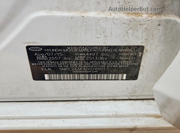 5NPE24AF4GH285017 2016 HYUNDAI SONATA White ძრავის განყოფილების ხედი