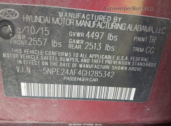 5NPE24AF4GH285342 2016 HYUNDAI SONATA Red Вид підкапотного простору