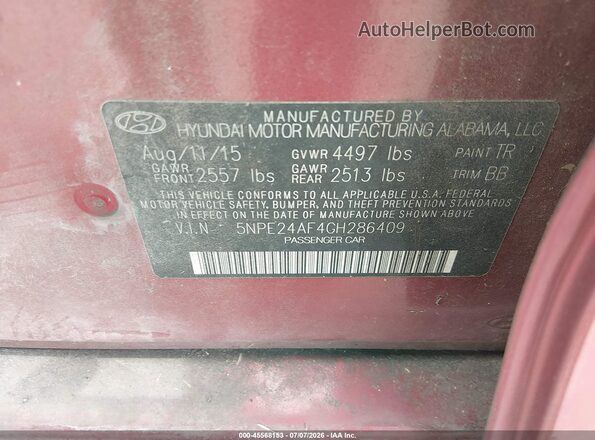 5NPE24AF4GH286409 2016 HYUNDAI SONATA Red Widok komory silnika