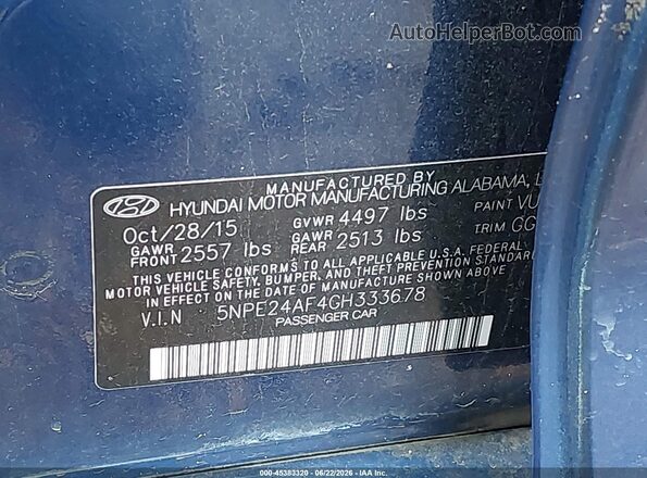 5NPE24AF4GH333678 2016 HYUNDAI SONATA Blue Вид підкапотного простору