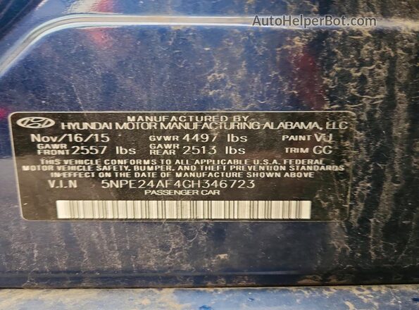 5NPE24AF4GH346723 2016 HYUNDAI SONATA Blue Vista del compartimento del motor