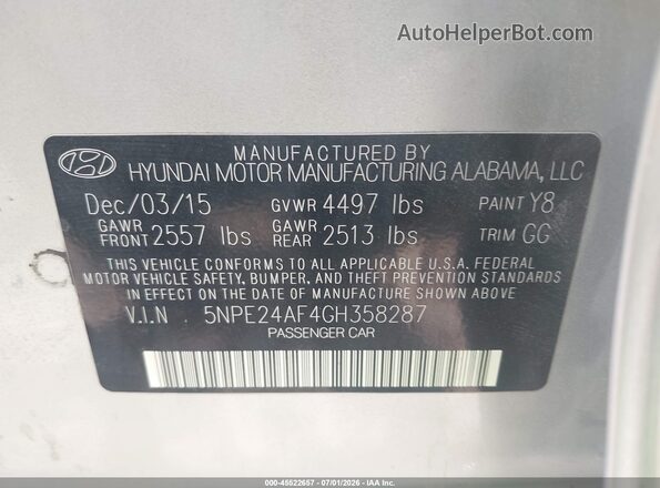 5NPE24AF4GH358287 2016 HYUNDAI SONATA Silver Widok komory silnika