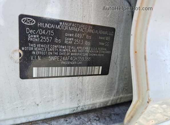 5NPE24AF4GH359388 2016 HYUNDAI SONATA White Вид підкапотного простору