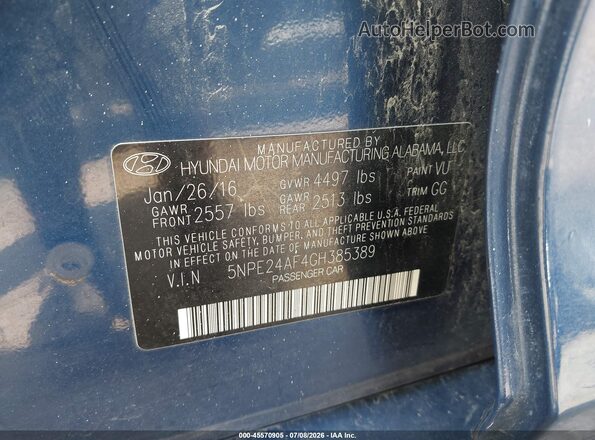 5NPE24AF4GH385389 2016 HYUNDAI SONATA Blue Widok komory silnika