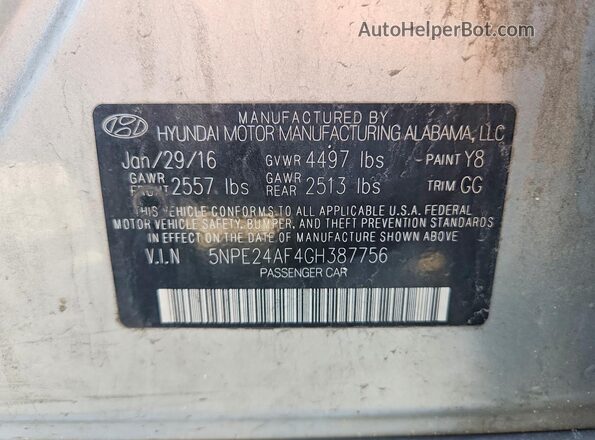 5NPE24AF4GH387756 2016 HYUNDAI SONATA Silver Շարժիչի բաժամունքի տեսք