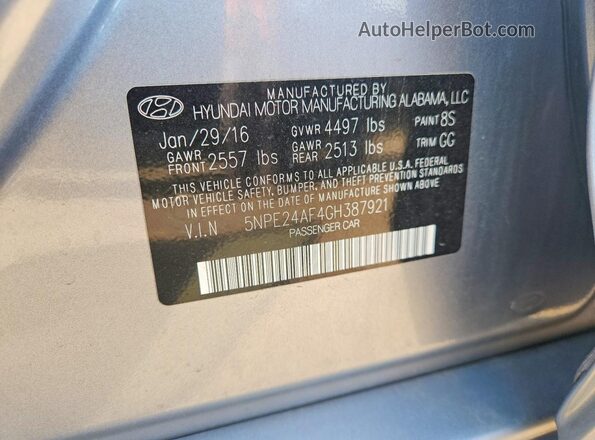 5NPE24AF4GH387921 2016 HYUNDAI SONATA Silver Widok naklejki z numerem VIN