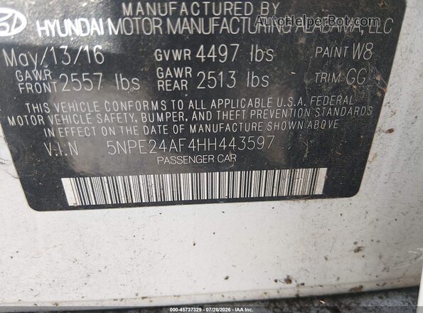 5NPE24AF4HH443597 2017 HYUNDAI SONATA Белый Вид подкапотного пространства