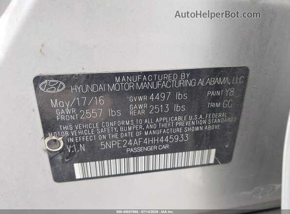 5NPE24AF4HH445933 2017 HYUNDAI SONATA Silver Engine compartment view