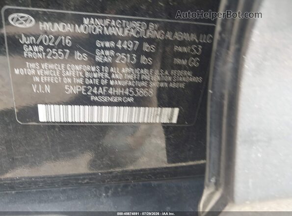 5NPE24AF4HH453868 2017 HYUNDAI SONATA Black Vista del compartimento del motor