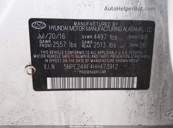 5NPE24AF4HH473912 2017 HYUNDAI SONATA White ძრავის განყოფილების ხედი
