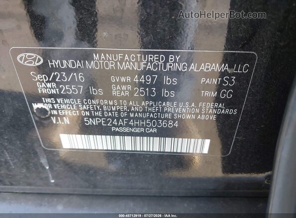 5NPE24AF4HH503684 2017 HYUNDAI SONATA Черный Вид подкапотного пространства
