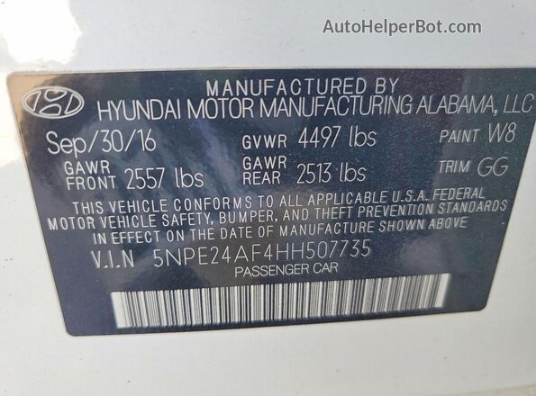 5NPE24AF4HH507735 2017 HYUNDAI SONATA White Widok komory silnika