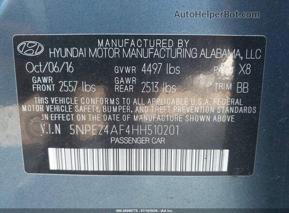 5NPE24AF4HH510201 2017 HYUNDAI SONATA Light Blue Вид підкапотного простору