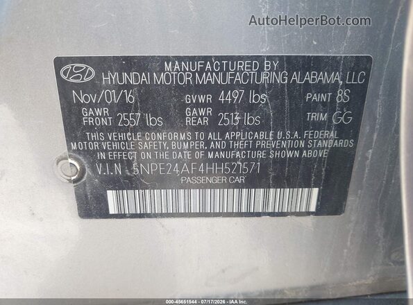 5NPE24AF4HH521571 2017 HYUNDAI SONATA Gray Vista del compartimento del motor