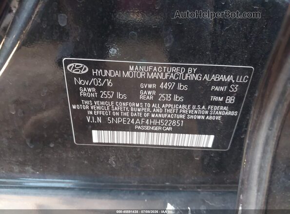 5NPE24AF4HH522851 2017 HYUNDAI SONATA Black Շարժիչի բաժամունքի տեսք