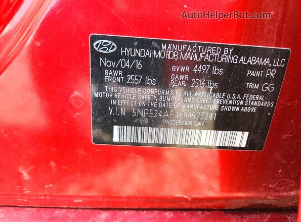 5NPE24AF4HH523241 2017 HYUNDAI SONATA Красный Вид подкапотного пространства
