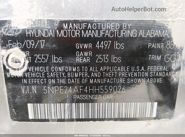 5NPE24AF4HH559026 2017 HYUNDAI SONATA Gray Engine compartment view