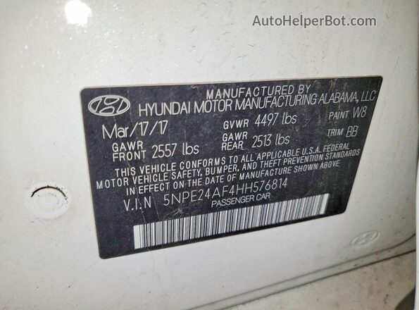 5NPE24AF4HH576814 2017 HYUNDAI SONATA White Շարժիչի բաժամունքի տեսք
