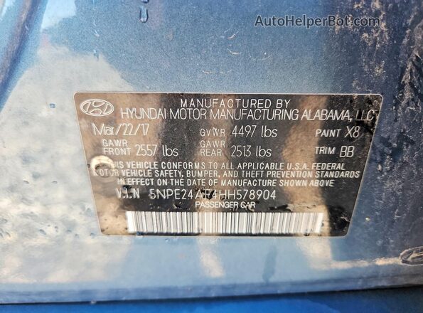 5NPE24AF4HH578904 2017 HYUNDAI SONATA Blue ძრავის განყოფილების ხედი