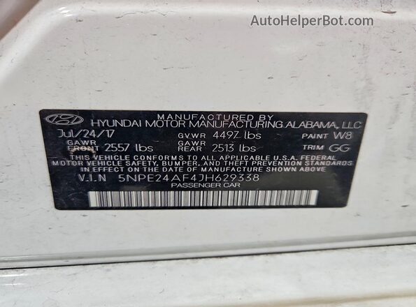 5NPE24AF4JH629338 2018 HYUNDAI SONATA White Շարժիչի բաժամունքի տեսք