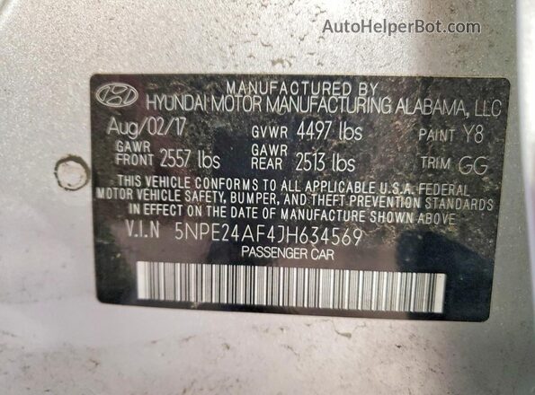 5NPE24AF4JH634569 2018 HYUNDAI SONATA Gray VIN კოდის სტიკერის ხედი