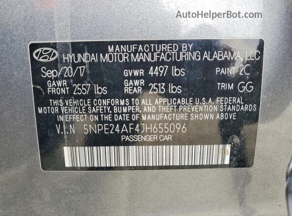 5NPE24AF4JH655096 2018 HYUNDAI SONATA Gray Вид підкапотного простору