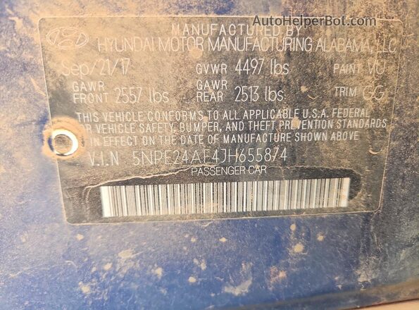 5NPE24AF4JH655874 2018 HYUNDAI SONATA Blue ძრავის განყოფილების ხედი