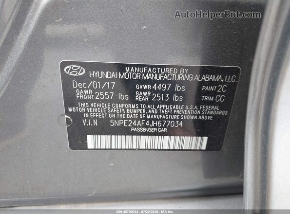 5NPE24AF4JH677034 2018 HYUNDAI SONATA Gray ძრავის განყოფილების ხედი