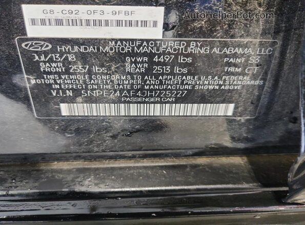 5NPE24AF4JH725227 2018 HYUNDAI SONATA Black VIN կոդի պիտակի տեսք