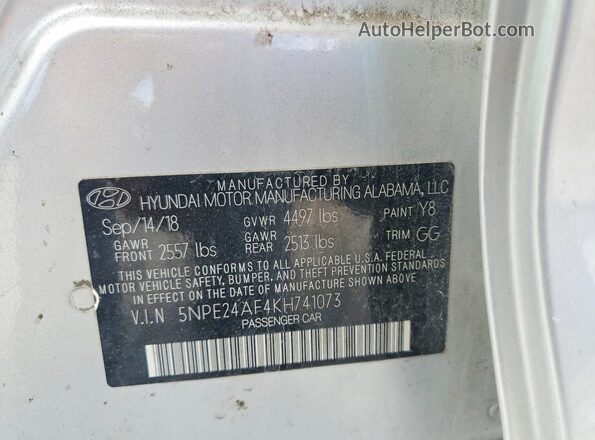 5NPE24AF4KH741073 2019 HYUNDAI SONATA Серебряный Вид наклейки с VIN-кодом