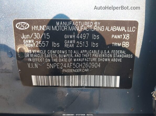 5NPE24AF5GH260904 2016 HYUNDAI SONATA Light Blue Շարժիչի բաժամունքի տեսք