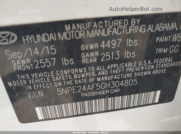 5NPE24AF5GH304805 2016 HYUNDAI SONATA White Вид підкапотного простору