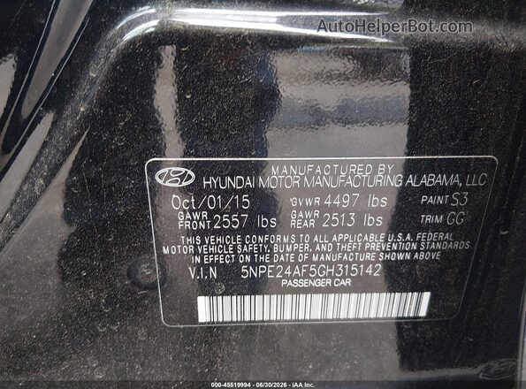 5NPE24AF5GH315142 2016 HYUNDAI SONATA Черный Вид подкапотного пространства