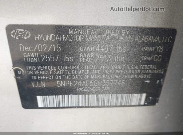 5NPE24AF5GH357746 2016 HYUNDAI SONATA Серебряный Вид подкапотного пространства