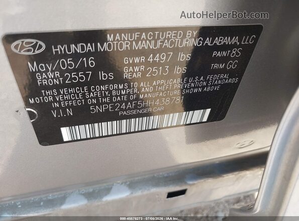 5NPE24AF5HH438781 2017 HYUNDAI SONATA Серебряный Вид подкапотного пространства