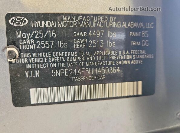 5NPE24AF5HH450364 2017 HYUNDAI SONATA Silver Engine compartment view