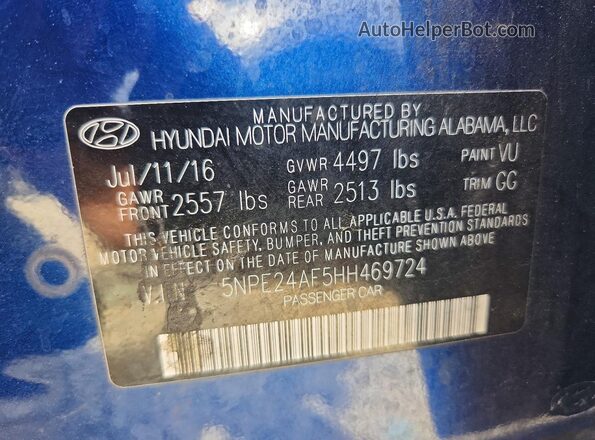 5NPE24AF5HH469724 2017 HYUNDAI SONATA Blue Շարժիչի բաժամունքի տեսք