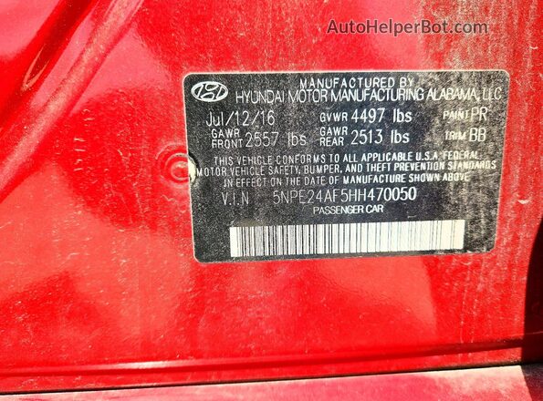 5NPE24AF5HH470050 2017 HYUNDAI SONATA Red VIN კოდის სტიკერის ხედი