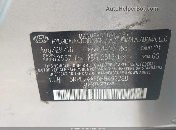 5NPE24AF5HH492288 2017 HYUNDAI SONATA Silver Вид підкапотного простору