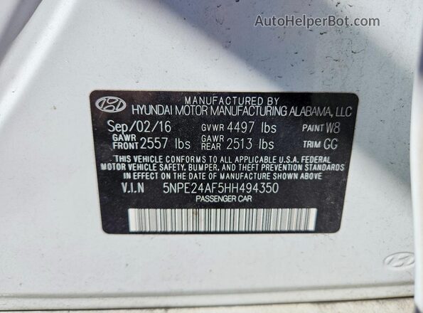 5NPE24AF5HH494350 2017 HYUNDAI SONATA White Engine compartment view