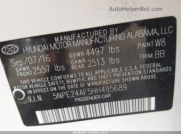 5NPE24AF5HH495689 2017 HYUNDAI SONATA Белый Вид подкапотного пространства